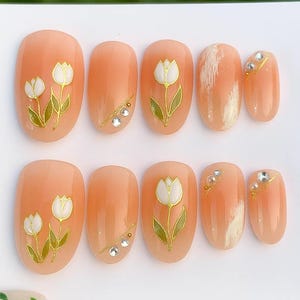 Premium Gold Line Tulip Press On Nails | Summer Nails | Salon Quality Nails | Gel Nails | Short Nails