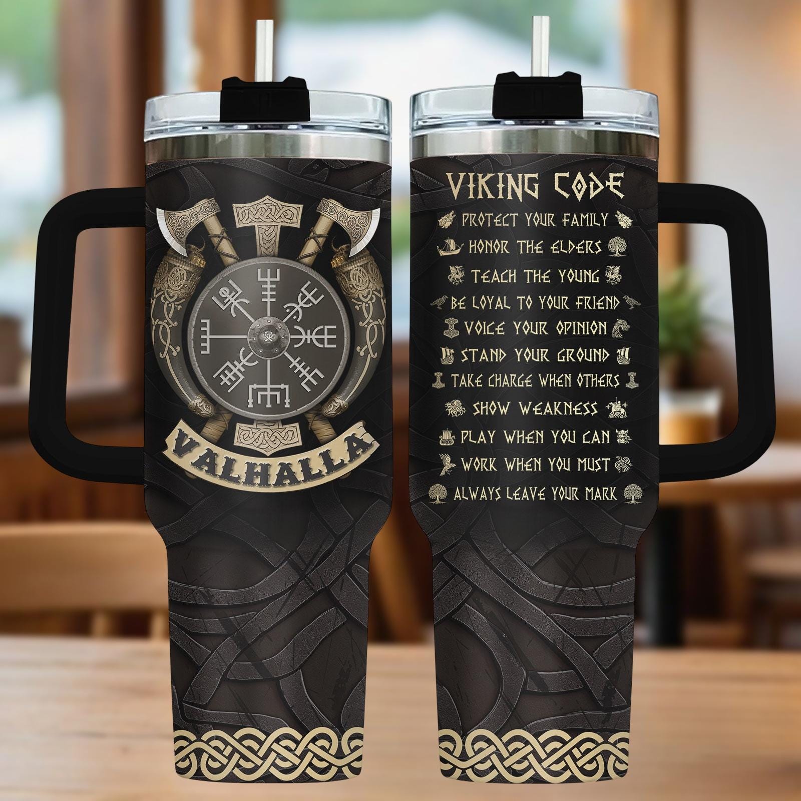 Discover Viking Valhalla 40oz Tumbler With Handle, Viking Print Tumbler, Valhalla Travel Tumbler, Gift for Viking Fan