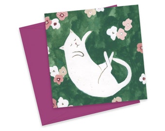 Sleepy Cat Greeting Card, Cute Cat Card, Illustrated Cat, Square Gift Card