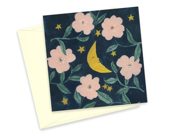 Night Garden Greeting Card, Moon Card, Celestial Illustration Gift Card