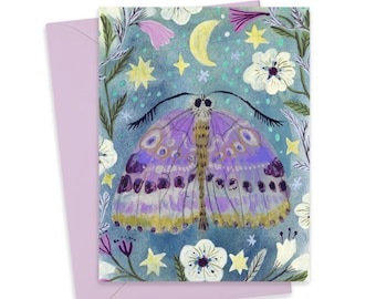 Celestial Moth in Purple Greeting Card: Seasonal Notecard