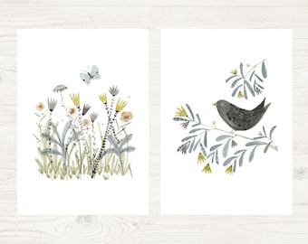 Set of Two Nature Inspired Art Prints Meadow and Bird on Branch Posters