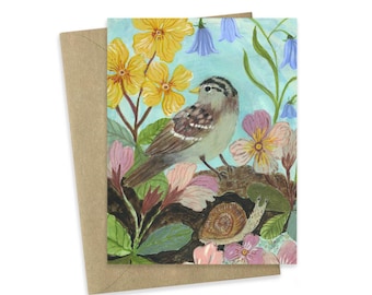 Garden Friends Greeting Card: Sparrow and Snail Nature Lover Gift