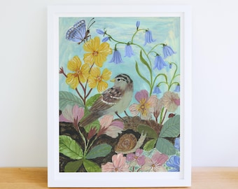 Primula and Sparrow Print, Garden Room Decor, Nature Themed Wall Art