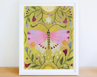 Pink Moth Art Print: Celestial Room Decor