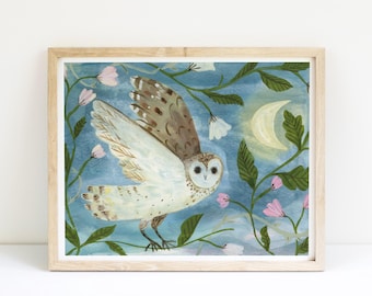 Midnight Owl Art Print, Illustrated Bird Wall Decor, Nature Themed Artwork, Whimsical Painting