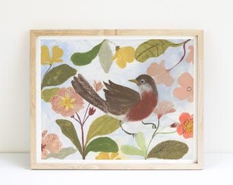 Robin Art Print: Gouache Bird Illustration, Nature Art