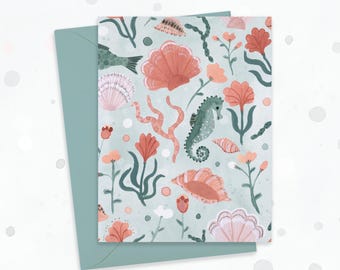 Seahorse Greeting Card, Sea Life Art, Ocean Notecard
