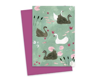 Mini Greeting Card, Pond Pattern Card, Swans Note Card, Illustrated Card