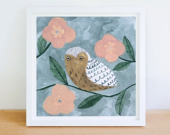 Little Owl Print, Cute Bird Art, Square Poster, Whimsical Art Print, Nature Nursery Decor