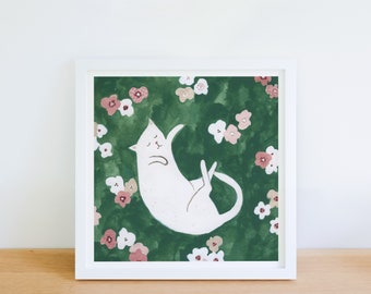 Sleepy Cat Art Print, Cute Cat in the Garden Square Poster, Whimsical Art Print, Nature Decor