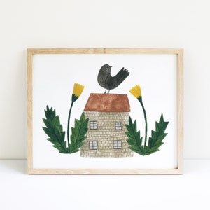 Dandelion House art print, Sweet home gouache painting, Home decor image 1