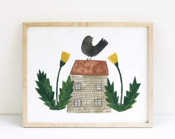 Dandelion House art print, Sweet home gouache painting, Home decor