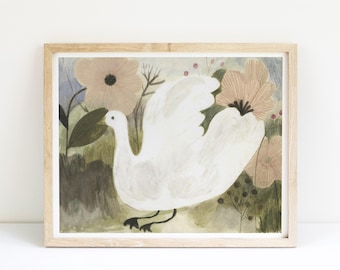 White Goose with Flowers art print