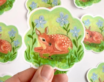 Fawn Illustrated Waterproof Sticker, Baby Deer Laptop Decoration, Wildlife Art