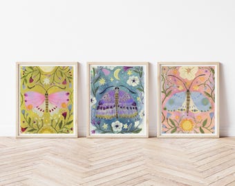 Three Moths Print Set, Celestial Wall Art