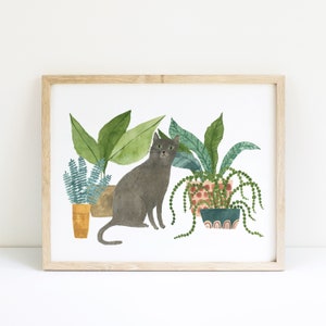 Grey Cat and Houseplants Art Print: Watercolour Illustration