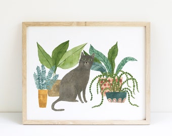 Cat and Houseplants art print, grey cat painting, cosy home decor, cat art