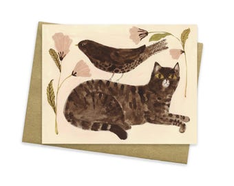 Cat and Bird Greeting Card: Unlikely Friends Notecard