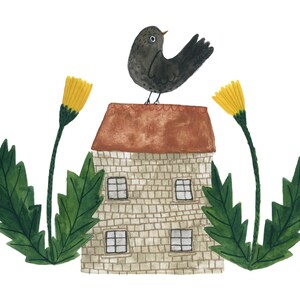 Dandelion House art print, Sweet home gouache painting, Home decor image 2