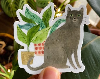Cat and Houseplant Sticker: Vinyl laptop decal