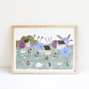 Village II art print, tiny houses and flowers painting image 1