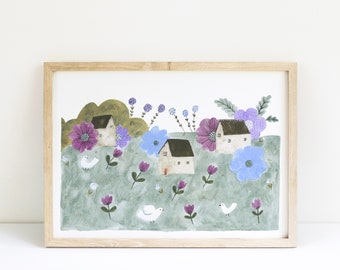 Village II art print, tiny houses and flowers painting