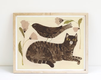 Cat and Bird art print