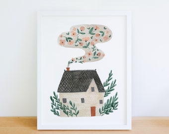 Winter Cottage art print, charming little house watercolour