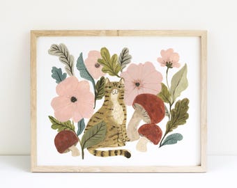 Autumn Tabby Cat Art Print: Mushrooms and Flowers Giclée