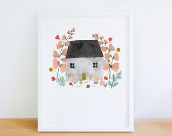 Sweet Tiny House Art Print Floral Cottage Watercolour