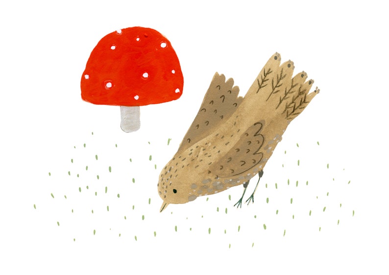 Deux amis imprimer doux oiseau et champignon Art imprimer mignon oiseau et champignons affiche image 2