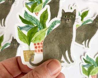 Cat and Houseplant Sticker: Vinyl laptop decal