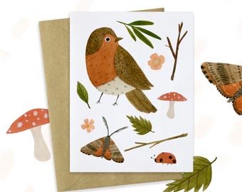 Nature Finds Greeting Card, Red Robin Notecard, Blank Card