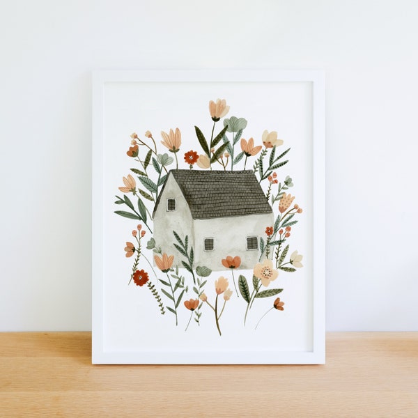 Floral Cottage art print sweet house and garden watercolour