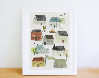 Neighbourhood art print village houses illustration