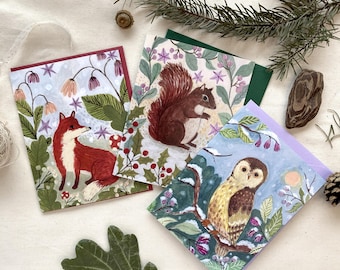 Winter Animals Greeting Cards: Set of 6 Owl, Fox and Squirrel Cards