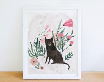 Cat Amongst the Flowers Print, Cute Cat Art, Animal Illustration, Floral Cat Art Print