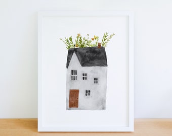 Roof Garden art print whimsical cottage watercolour house painting