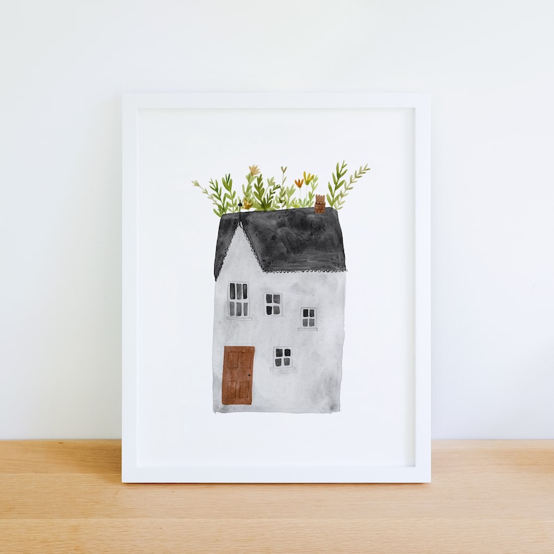 Roof Garden art print whimsical cottage watercolour house painting image 1