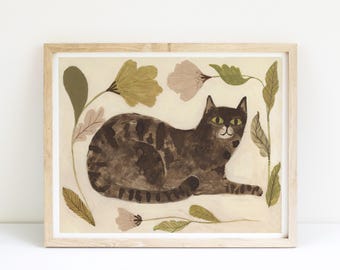 Cat and Flowers art print