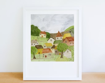 Little Village art print sweet houses watercolour