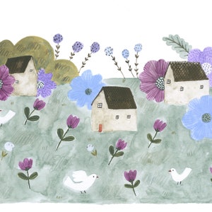 Village II art print, tiny houses and flowers painting image 2