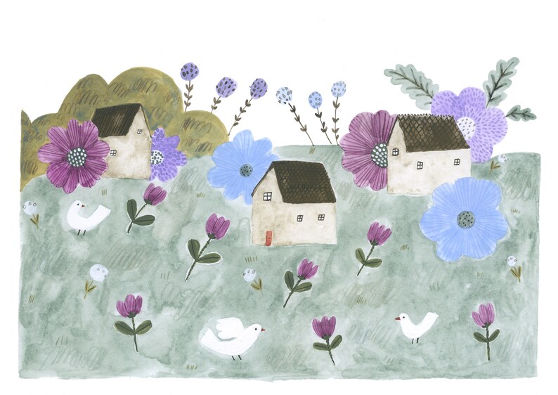 Village II art print, tiny houses and flowers painting image 2