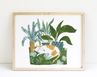 Sweet Cat and Plants art print, sleepy cat painting, cosy home decor,