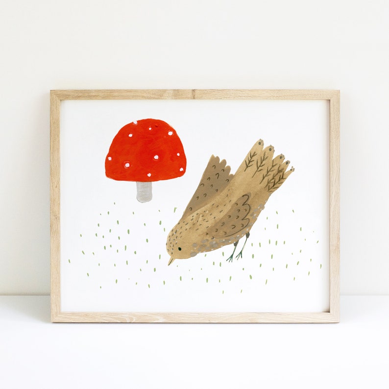 Deux amis imprimer doux oiseau et champignon Art imprimer mignon oiseau et champignons affiche image 1