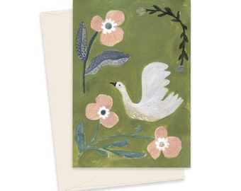 Bird and Blooms in Green Greeting Card, Friendship Notecard, Nature Card