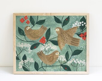 Hedgerow Birds art print, sweet nature painting