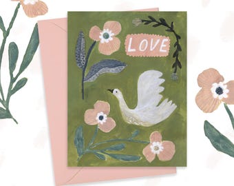 Love Bird and Blooms in Green Greeting Card, Nature Valentines Card