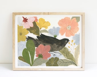 Blackbird Giclee Print: Garden Bird Art, Floral Painting